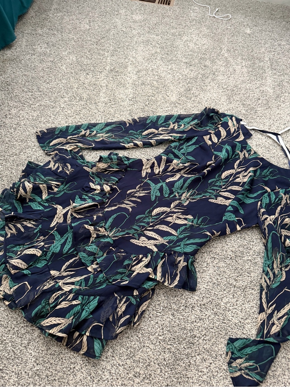 Hello Molly Navy Leaf-Print long sleeve open back cocktail dress